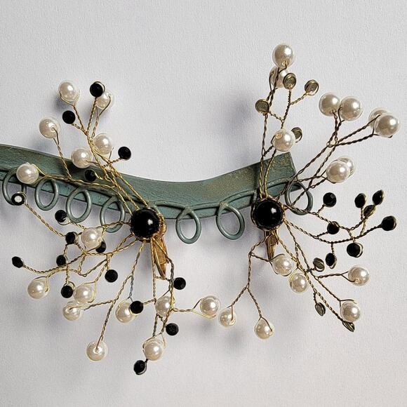 Oversized 3-Inch Vintage Pearl and Black Bead Clip-On Earrings - Picture 1 of 10